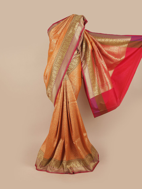 

Pothys Yellow & Pink Ethnic Motifs Zari Pure Silk Banarasi Saree