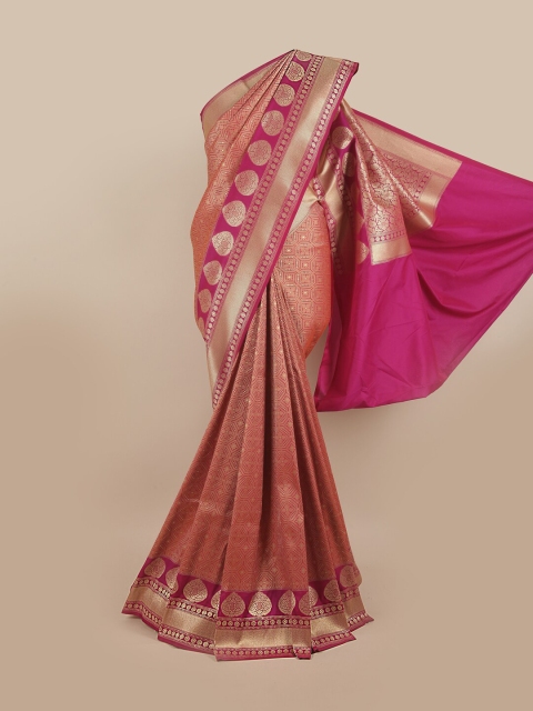 

Pothys Magenta & Gold-Toned Ethnic Motifs Pure Silk Banarasi Saree