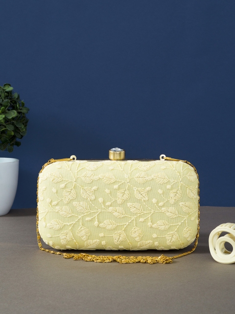 

Golden Peacock Yellow & Gold-Toned Embroidered Box Clutch