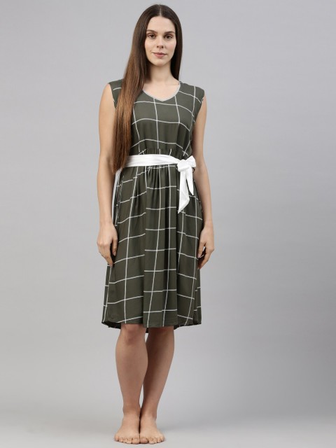

GOLDSTROMS Women Charcoal & White Checked Sleeveless Regular Nightdress With Robe