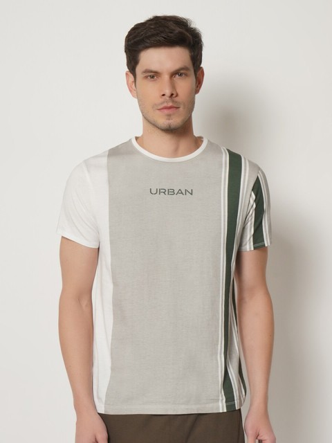 

Blackberrys Men Grey Green Striped Slim Fit Cotton Pure Cotton T-shirt
