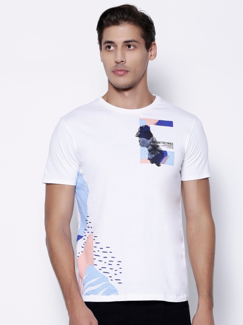 

Blackberrys Men White Navy Blue Printed Slim Fit Cotton Pure Cotton T-shirt