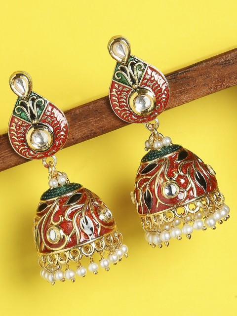 

OOMPH Red & Green Meenakari Designed & Kundan Studded Dome Shaped Jhumka Earrings