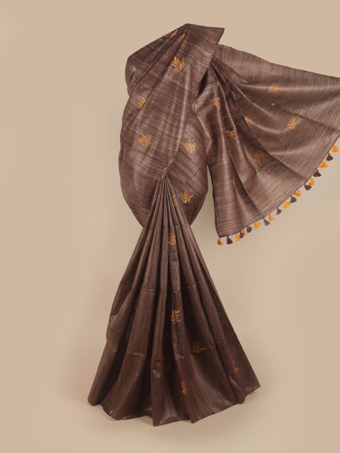 

Pothys Brown & Yellow Floral Embroidered Jute Silk Saree
