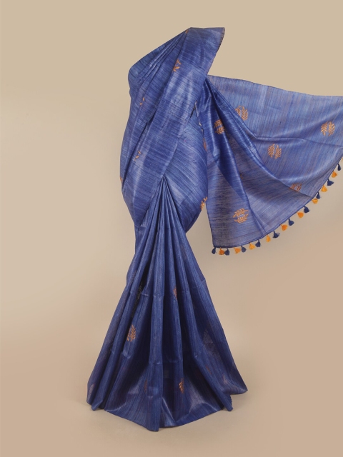 

Pothys Blue & Gold-Toned Floral Embroidered Jute Silk Saree