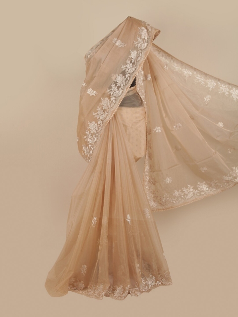 

Pothys Cream-Coloured & Silver-Toned Floral Embroidered Organza Saree