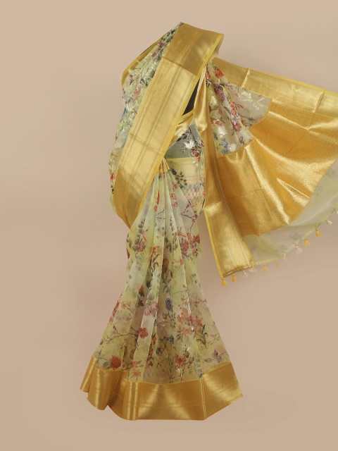 

Pothys Lime Green & Red Floral Printed Organza Saree