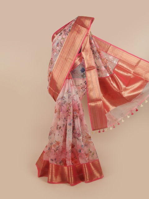 

Pothys Pink & Blue Floral Embroidered Zari Organza Saree