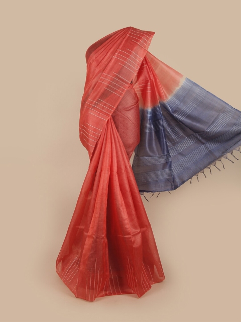 

Pothys Peach-Coloured & Blue Striped Jute Silk Saree