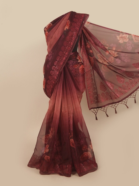 

Pothys Maroon & Red Ethnic Motifs Printed Organza Saree