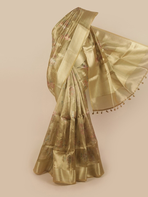 

Pothys Gold-Toned & Magenta Floral Printed Zari Tissue Saree