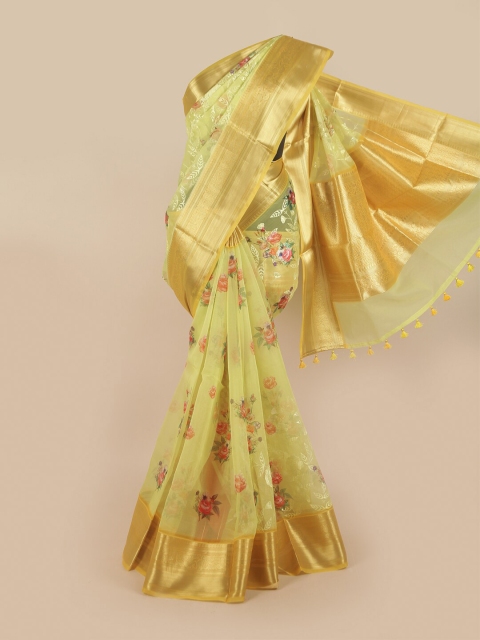 

Pothys Lime Green & Red Floral Printed Organza Saree