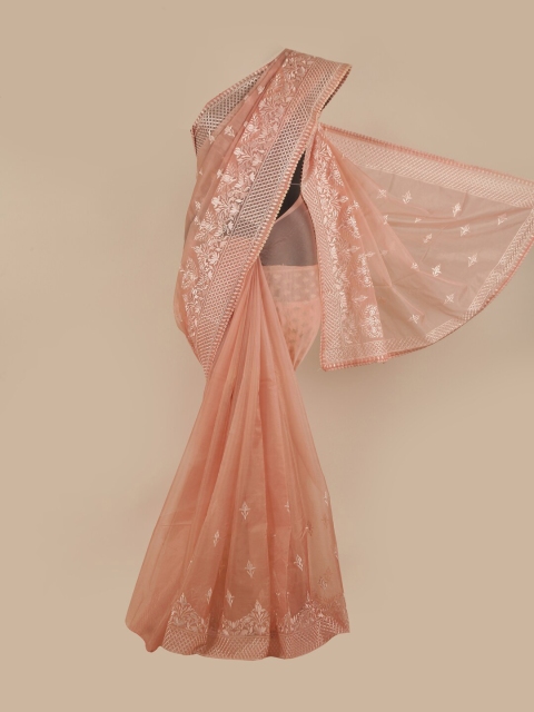 

Pothys Peach-Coloured & Silver-Toned Floral Embroidered Organza Saree