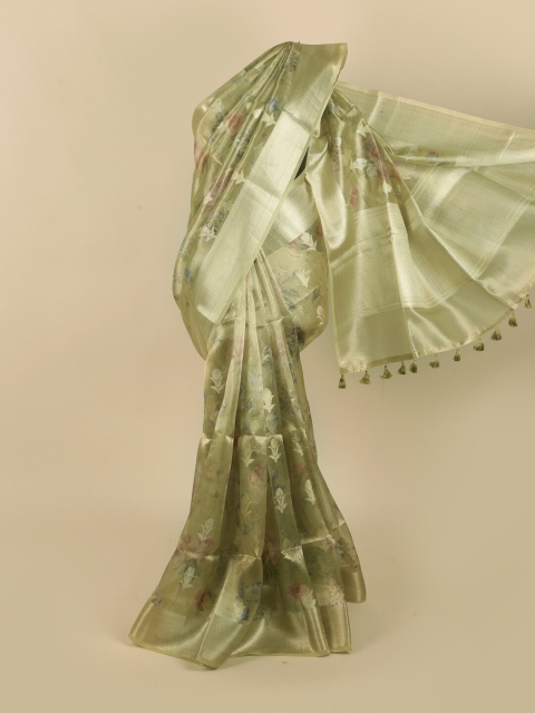 

Pothys Green & Silver-Toned Floral Printed Zari Tissue Saree