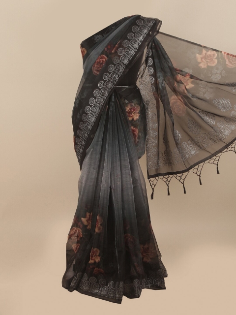 

Pothys Black & Silver-Toned Floral Printed Organza Saree