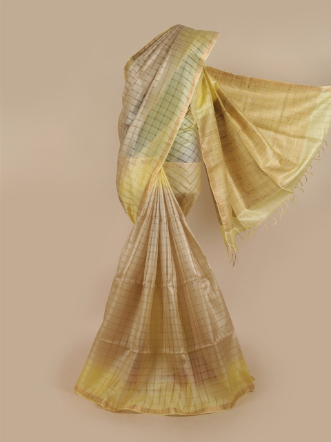

Pothys Yellow & Gold-Toned Checked Jute Silk Saree