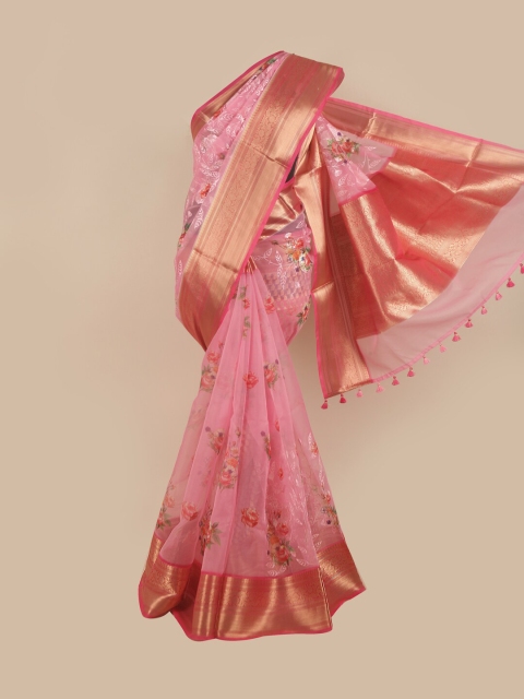 

Pothys Pink & Gold-Toned Floral Printed Zari Organza Saree