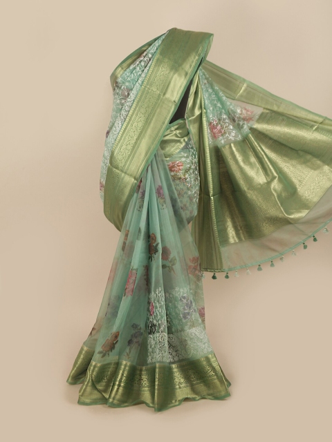 

Pothys Green & Red Floral Embroidered Zari Organza Saree