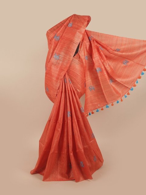 

Pothys Peach-Coloured & Blue Floral Embroidered Jute Silk Saree