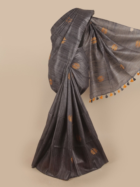 

Pothys Grey & Orange Floral Embroidered Jute Silk Saree