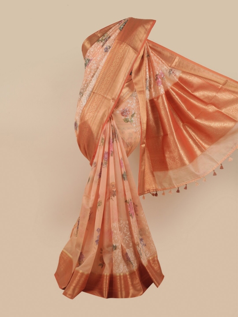 

Pothys Peach-Coloured & Red Floral Embroidered Zari Organza Saree