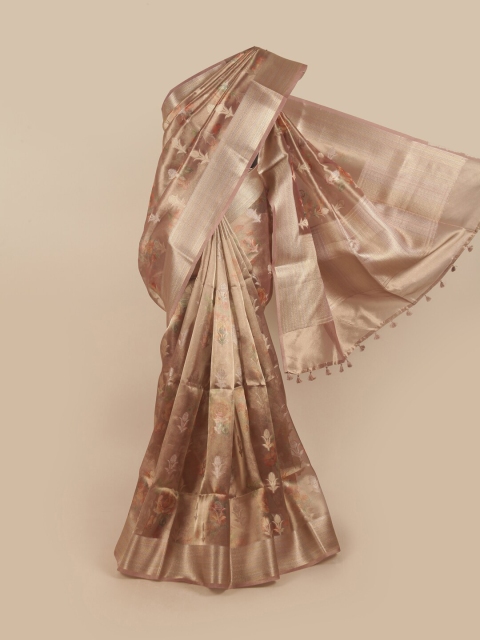 

Pothys Gold-Toned & Peach-Coloured Woven Design Zari Tissue Saree