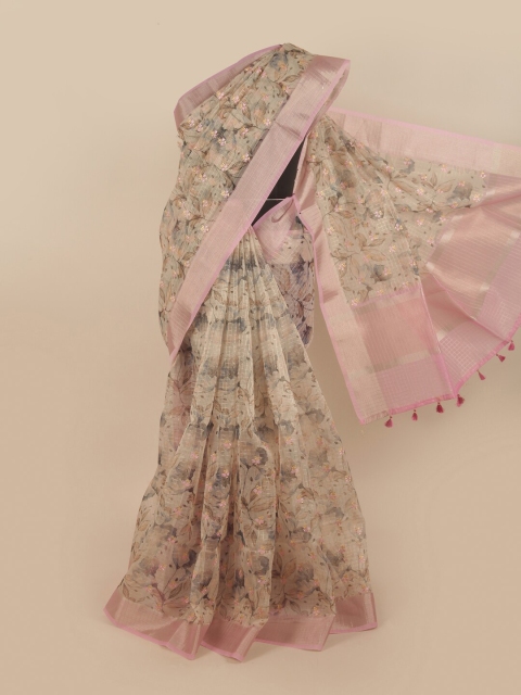 

Pothys Cream-Coloured & Pink Floral Embroidered Zari Organza Saree
