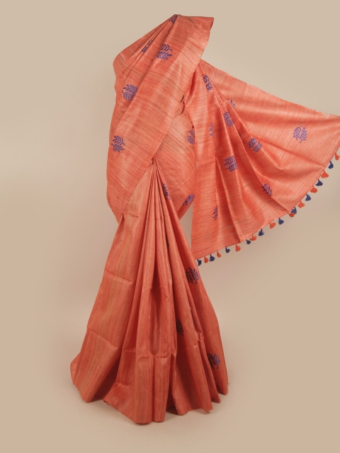 

Pothys Peach-Coloured & Blue Floral Embroidered Jute Silk Saree