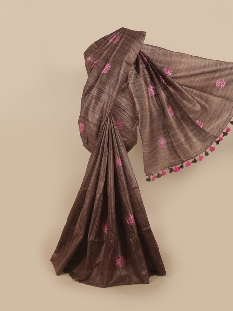 

Pothys Brown & Pink Floral Embroidered Jute Silk Saree