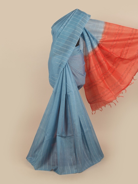 

Pothys Blue & Orange Striped Jute Silk Saree