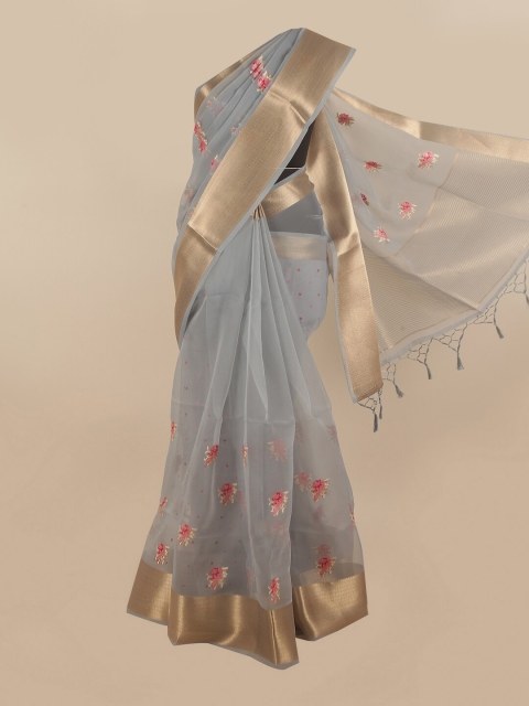 

Pothys Grey & Red Floral Embroidered Organza Saree
