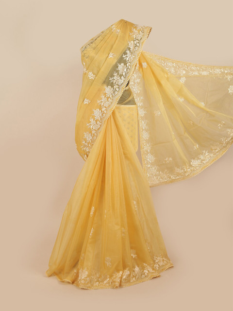 

Pothys Yellow & Silver-Toned Floral Embroidered Organza Saree