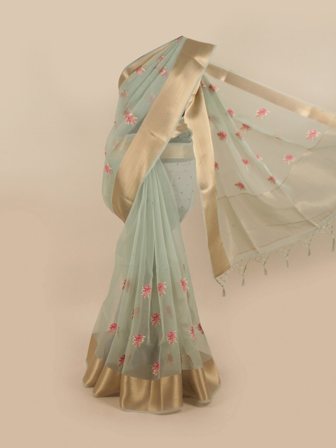 

Pothys Green & Red Floral Embroidered Organza Saree