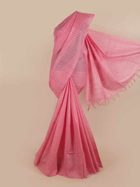 

Pothys Pink & Silver-Toned Striped Jute Silk Saree