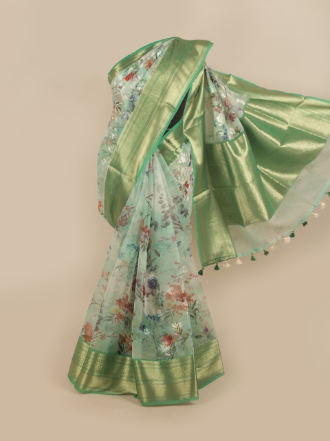 

Pothys Blue & Red Floral Embroidered Zari Organza Saree