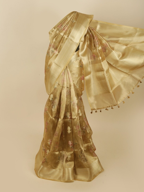 

Pothys Gold-Coloured & Pink Floral Zari Tissue Saree
