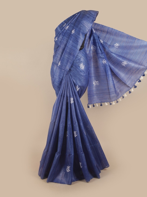 

Pothys Blue & White Ethnic Motifs Embroidered Jute Silk Tussar Saree
