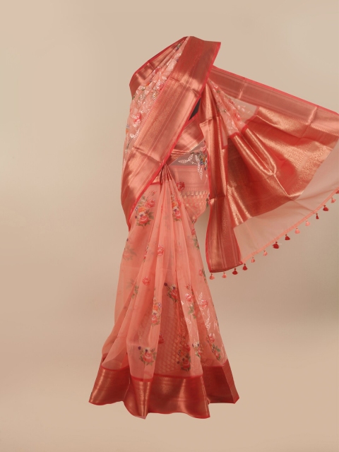 

Pothys Peach-Coloured & Red Floral Zari Organza Saree