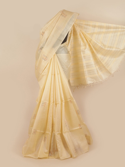

Pothys Cream-Coloured & Red Ethnic Motifs Embroidered Jute Silk Tussar Saree