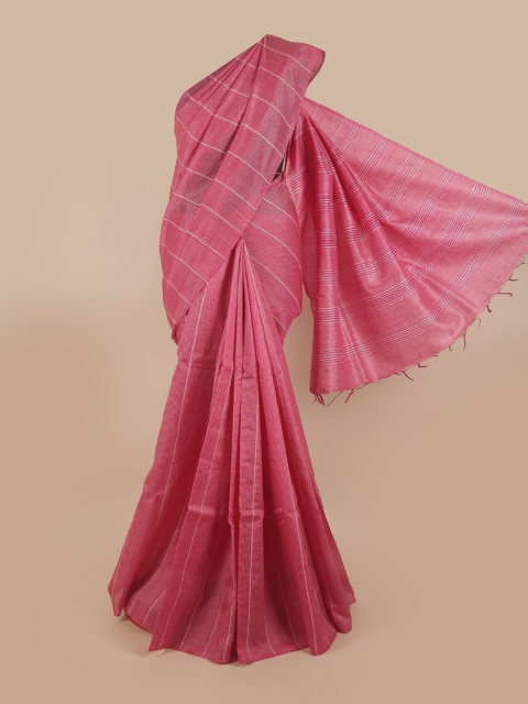 

Pothys Pink & White Striped Jute Silk Tussar Saree