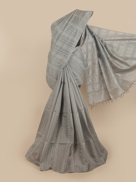 

Pothys Grey & White Striped Embroidered Jute Silk Tussar Saree