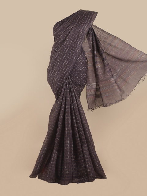 

Pothys Navy Blue & Beige Embroidered Tissue Tussar Saree