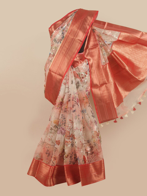 

Pothys Pink & Green Floral Zari Organza Saree