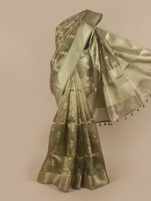 

Pothys Green & Silver-Coloured Floral Zari Tissue Saree