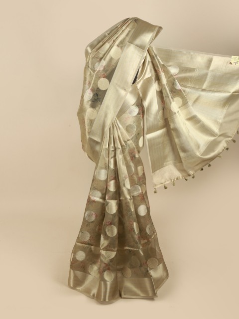 

Pothys Gold-Coloured & Green Woven Design Zari Tissue Saree