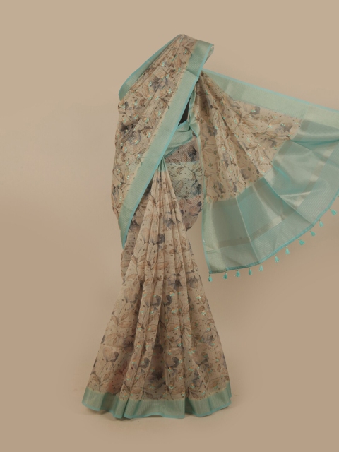 

Pothys Cream-Coloured & Turquoise Blue Floral Zari Organza Saree