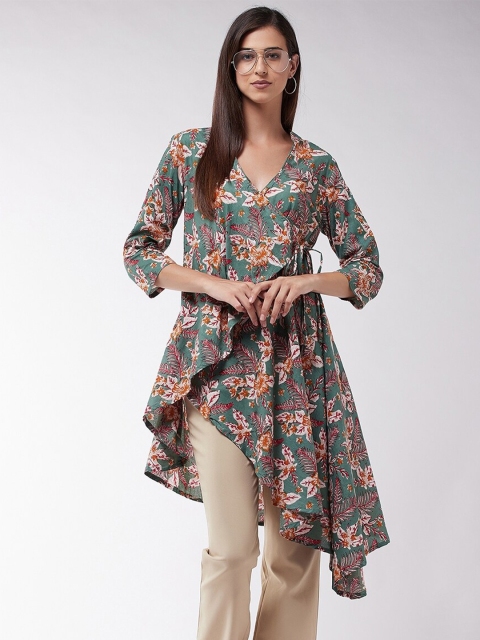 

InWeave Green & Orange Floral Printed Cotton Aysmmetric Tunic