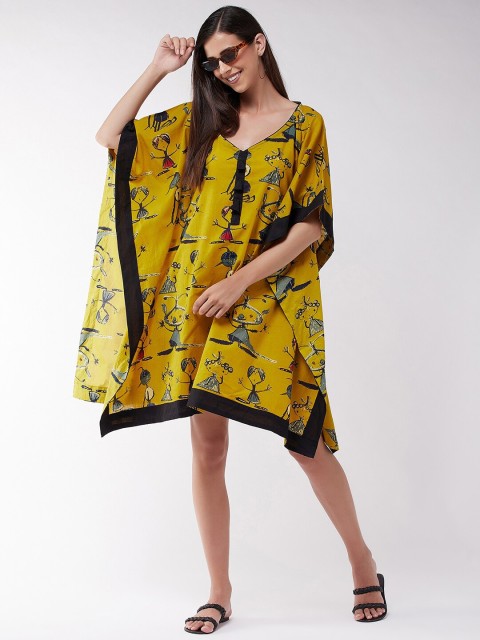 

InWeave Mustard Yellow & Black Quirky Printed Cotton Kaftan Dress