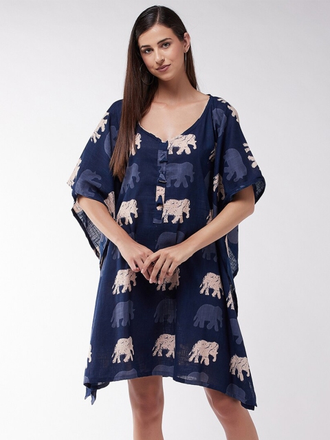 

InWeave Blue & Beige Ethnic Motifs Printed Cotton Kaftan Dress