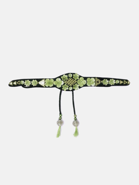 

panchhi Women Green Hand Made Mirror, Sequin Work Waist Belt and Kamarbandh With Tassels